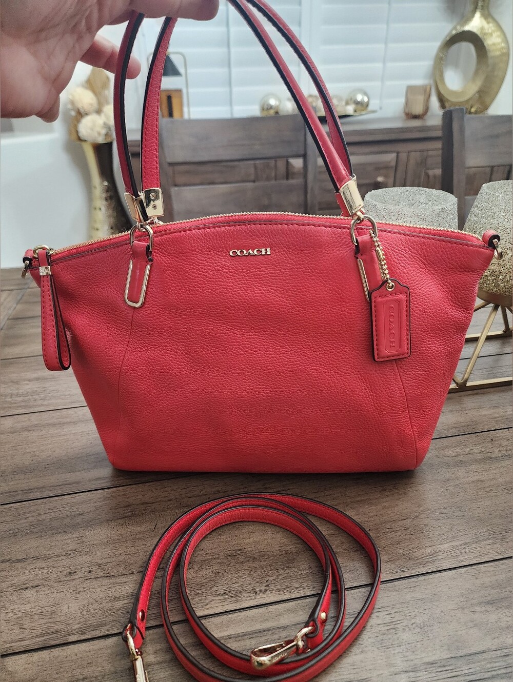 COACH Pebbled Leather Tote Bag in Orange With Crosbody Strap